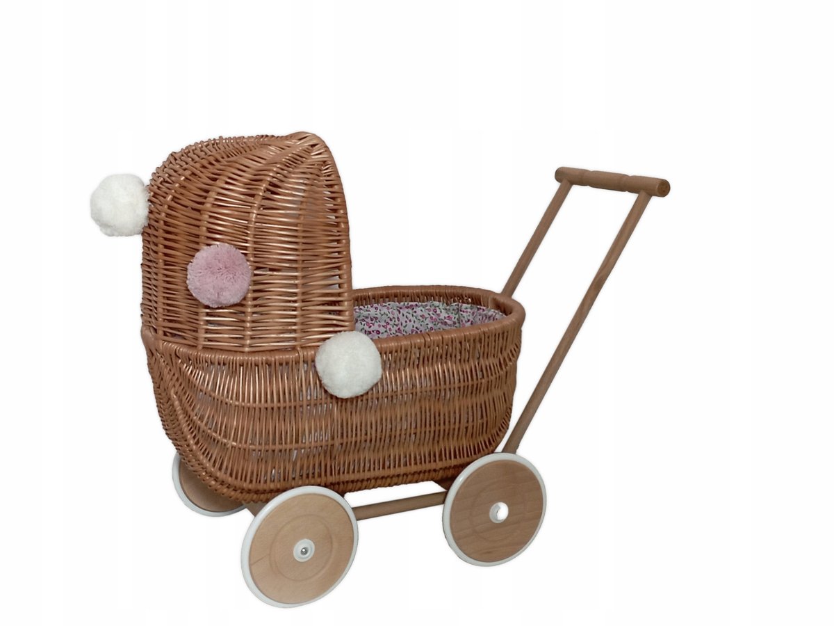 Wózek wiklinowy dla lalek Naturalny pchacz z pościelą i pomponami