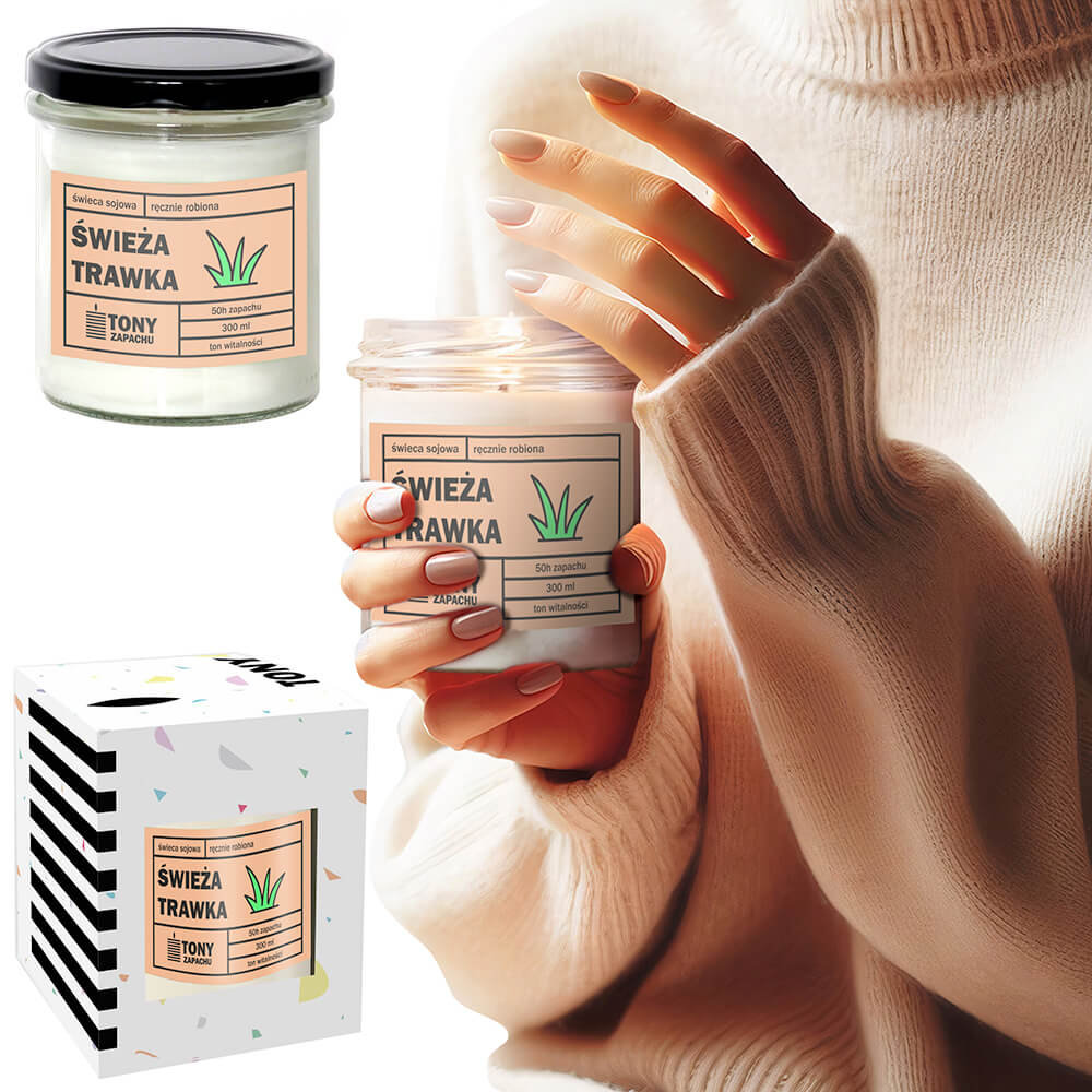 Świeca sojowa naturalna zapachowa ŚWIEŻA TRAWKA- najlepsza aromatyczna bezpieczna ręcznie robiona w szklanym słoiczku 300ml 50h palenia na prezent u..