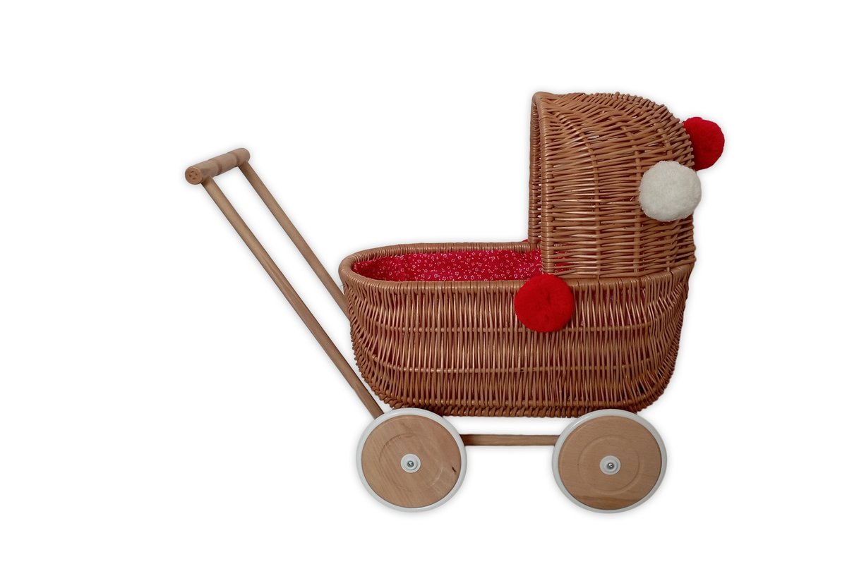 Wózek wiklinowy dla lalek Naturalny pchacz z pościelą i pomponami