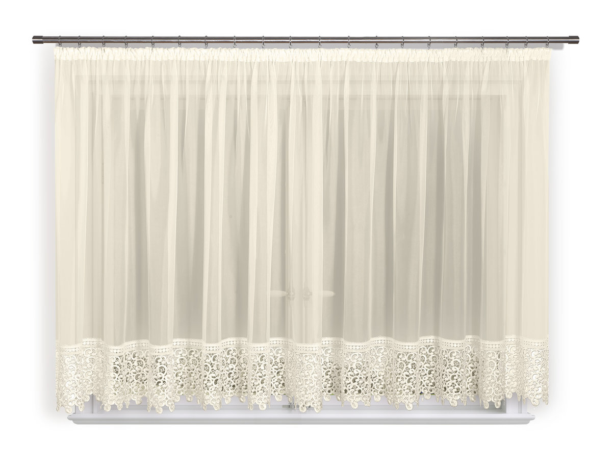 Firana 600x180, prosta, woal ecru, gipiura 15 cm