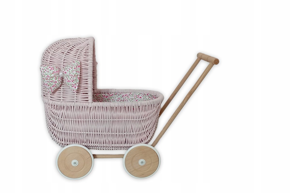 Wózek wiklinowy dla lalek RÓŻOWY pchacz z pościelą