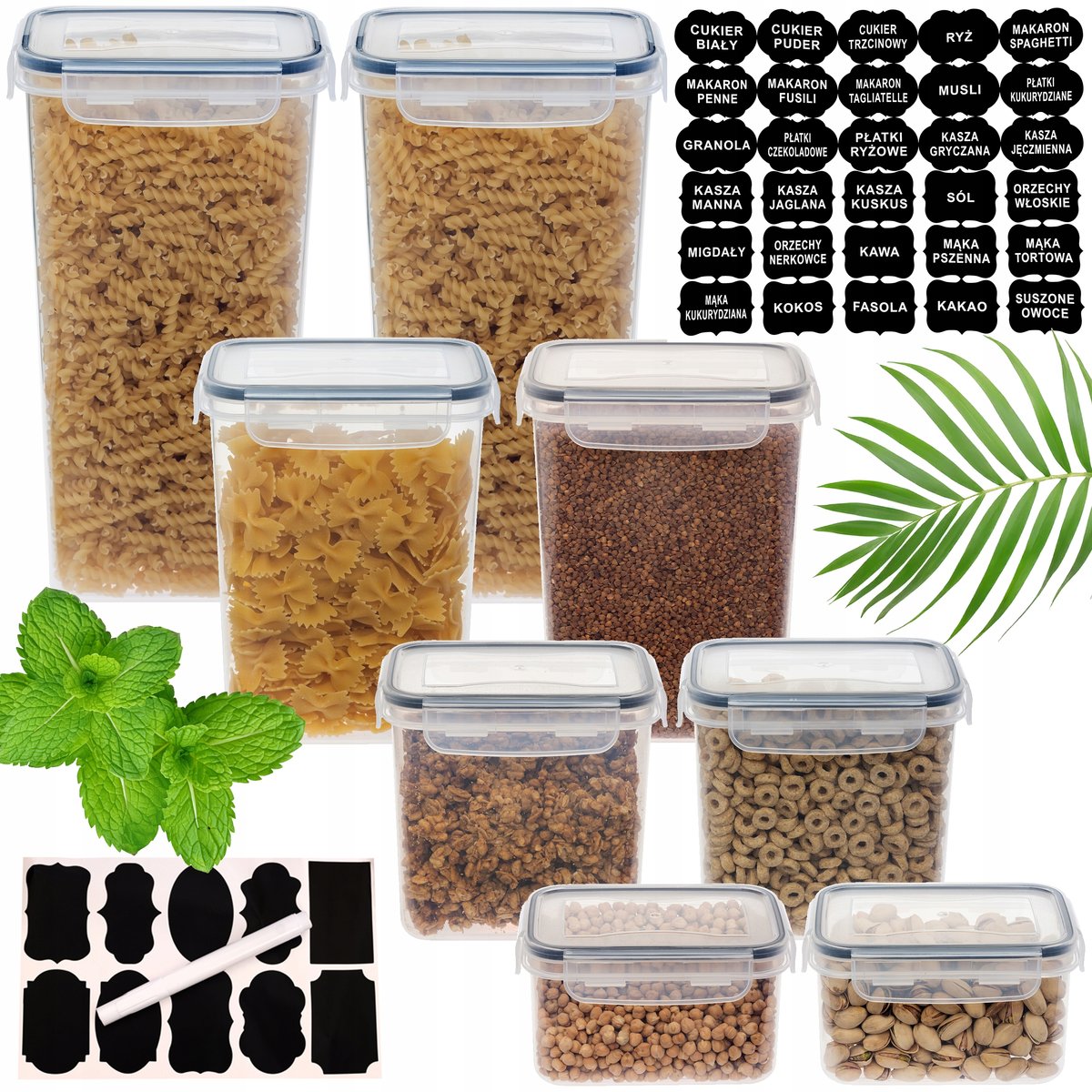 POJEMNIKI NA MAKARON SŁOIKI NA KASZE PUDEŁKA NA ŻYWNOŚĆ 8 szt. + ETYKIETY