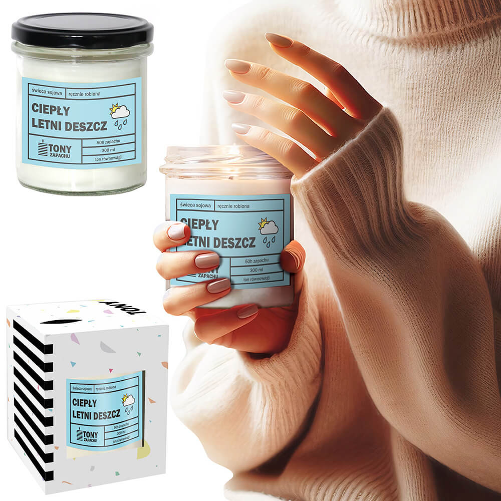 Świeca sojowa naturalna zapachowa CIEPŁY LETNI DESZCZ- najlepsza aromatyczna bezpieczna ręcznie robiona w szklanym słoiczku 300ml 50h palenia na pre..