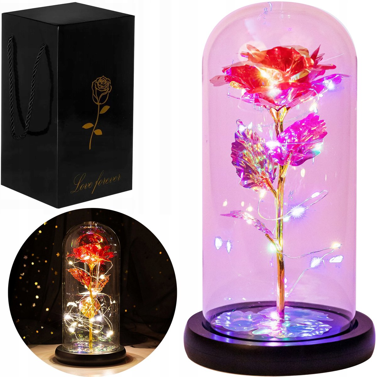 WIECZNA RÓŻA W SZKLE ŚWIECĄCA LED IDEALNA NA PREZENT ORGINALNE PUDEŁKO