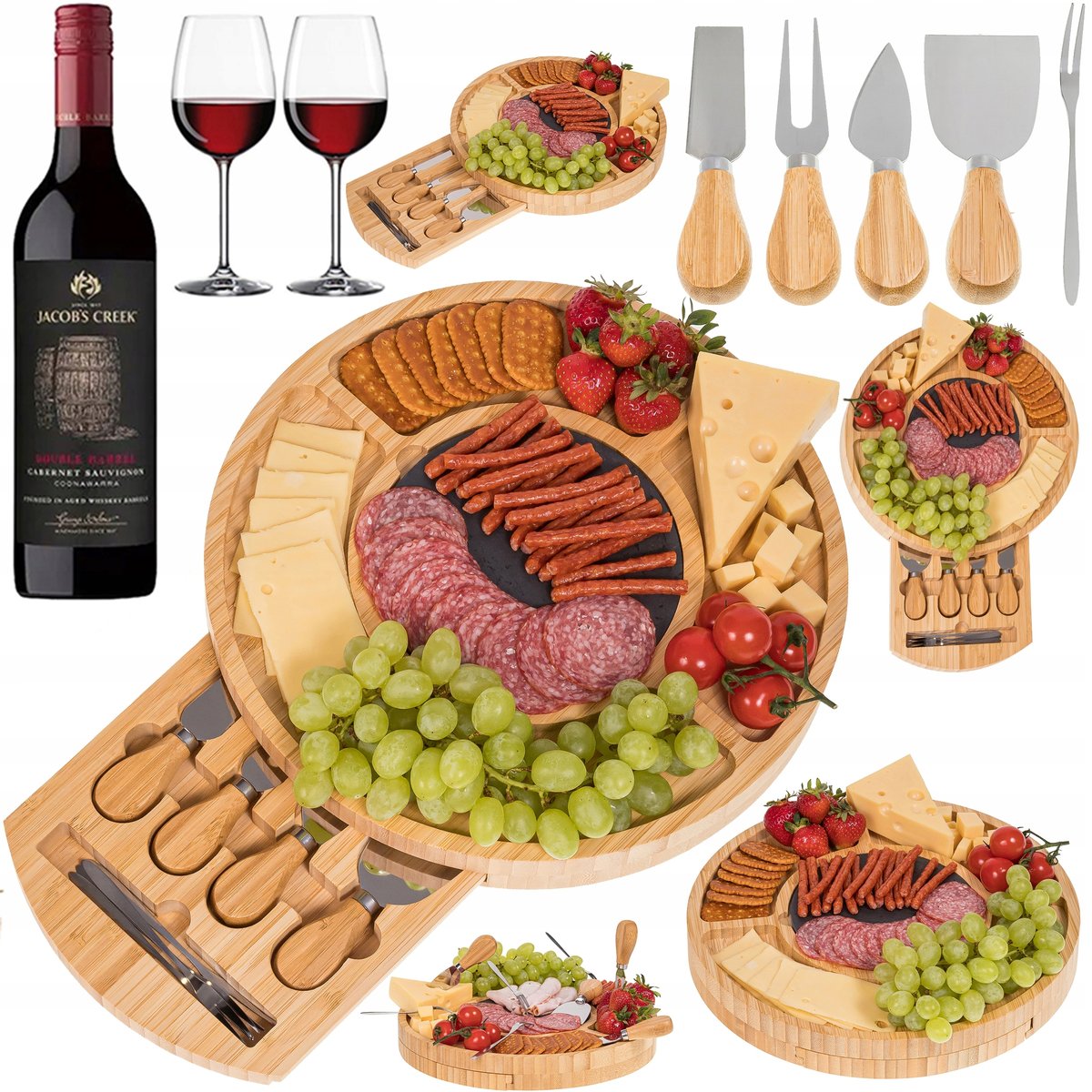 DESKA KOŁO PATERA DO SERÓW PRZYSTAWEK DESKA DO WĘDLIN PRZEKĄSEK ZESTAW NOŻY