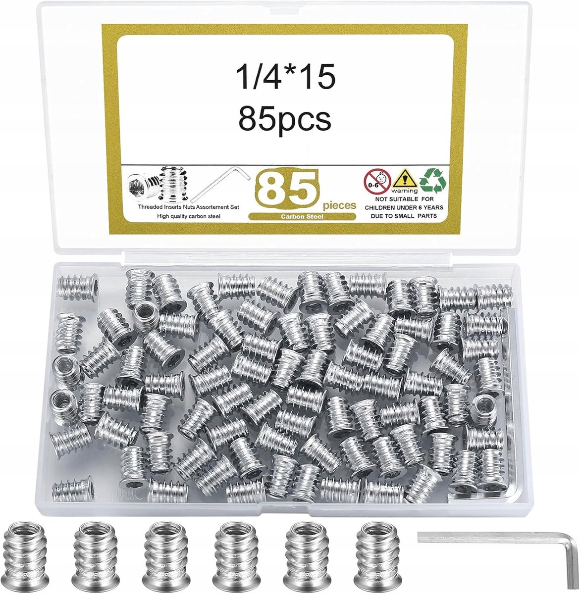 85X Wkładki Gwintowane Nakrętki Sześciokątne 1/4X15 Mm Do Mebli Drewnianych