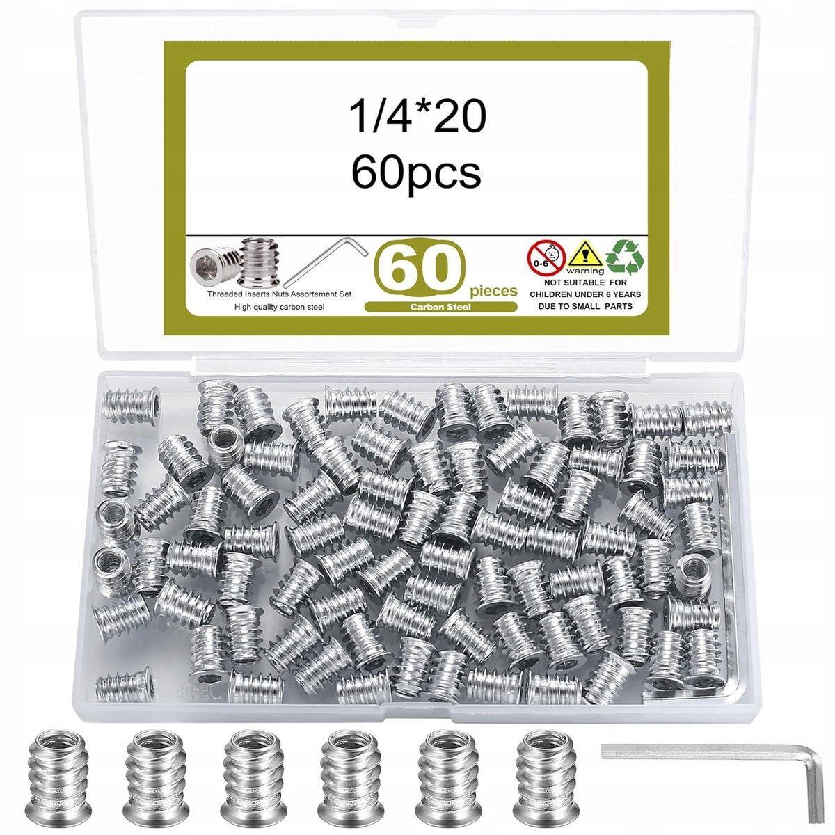 60X Wkładki Gwintowane Do Drewna Nakrętki Sześciokątne 60 Szt. 1/4 X 20 Mm