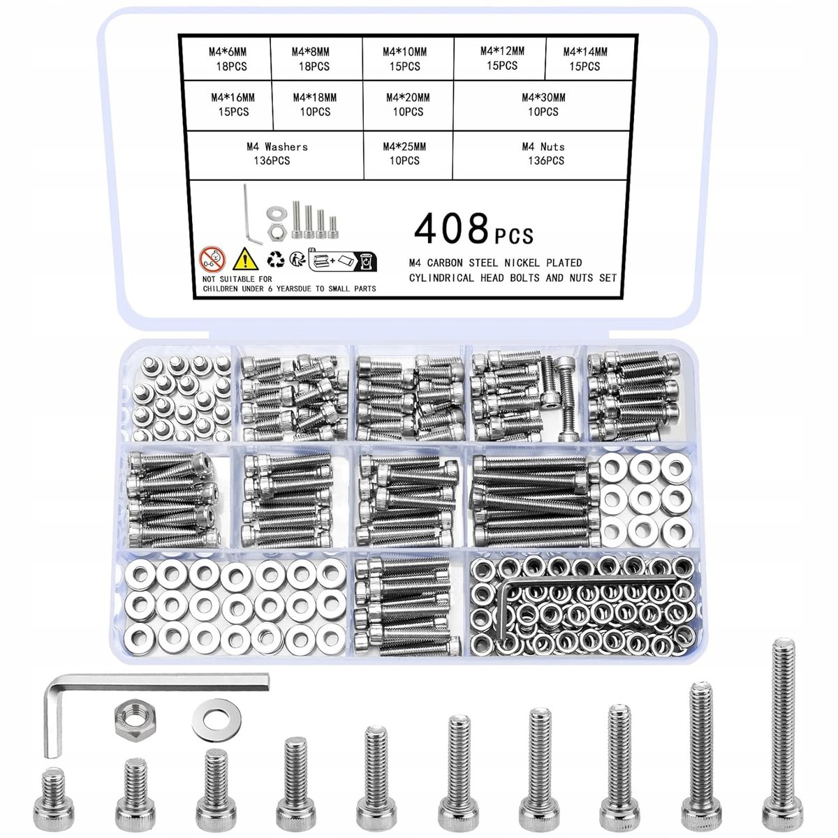 Zestaw Śrub Cylindrycznych M4 408X Śruby Cylindryczne Nakrętki Podkładki