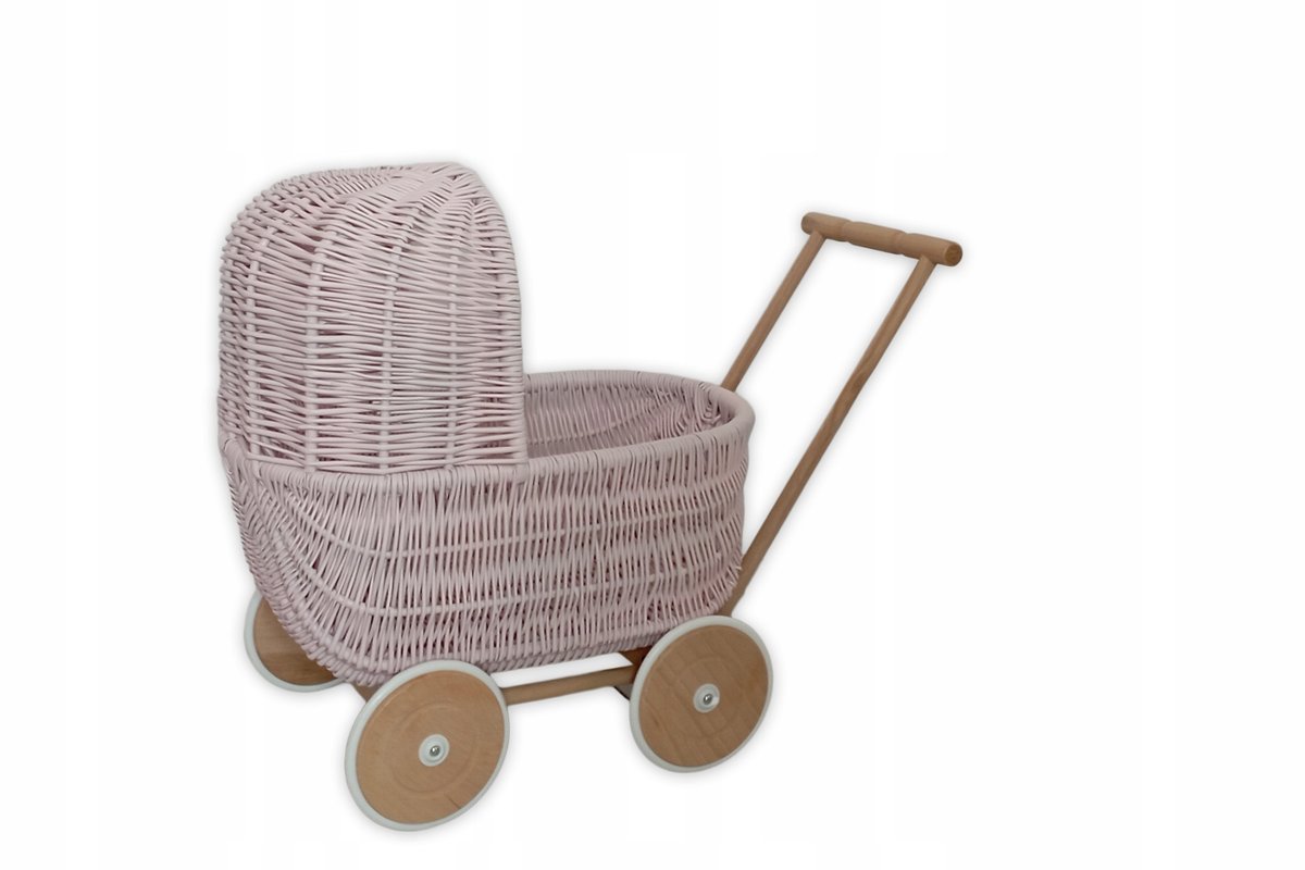 Różowy wózek wiklinowy dla lalek PCHACZ styl retro
