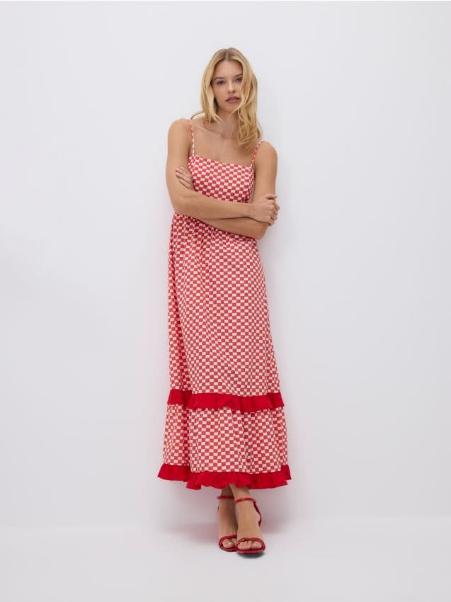 Reserved - Sukienka maxi w kratę - czerwony