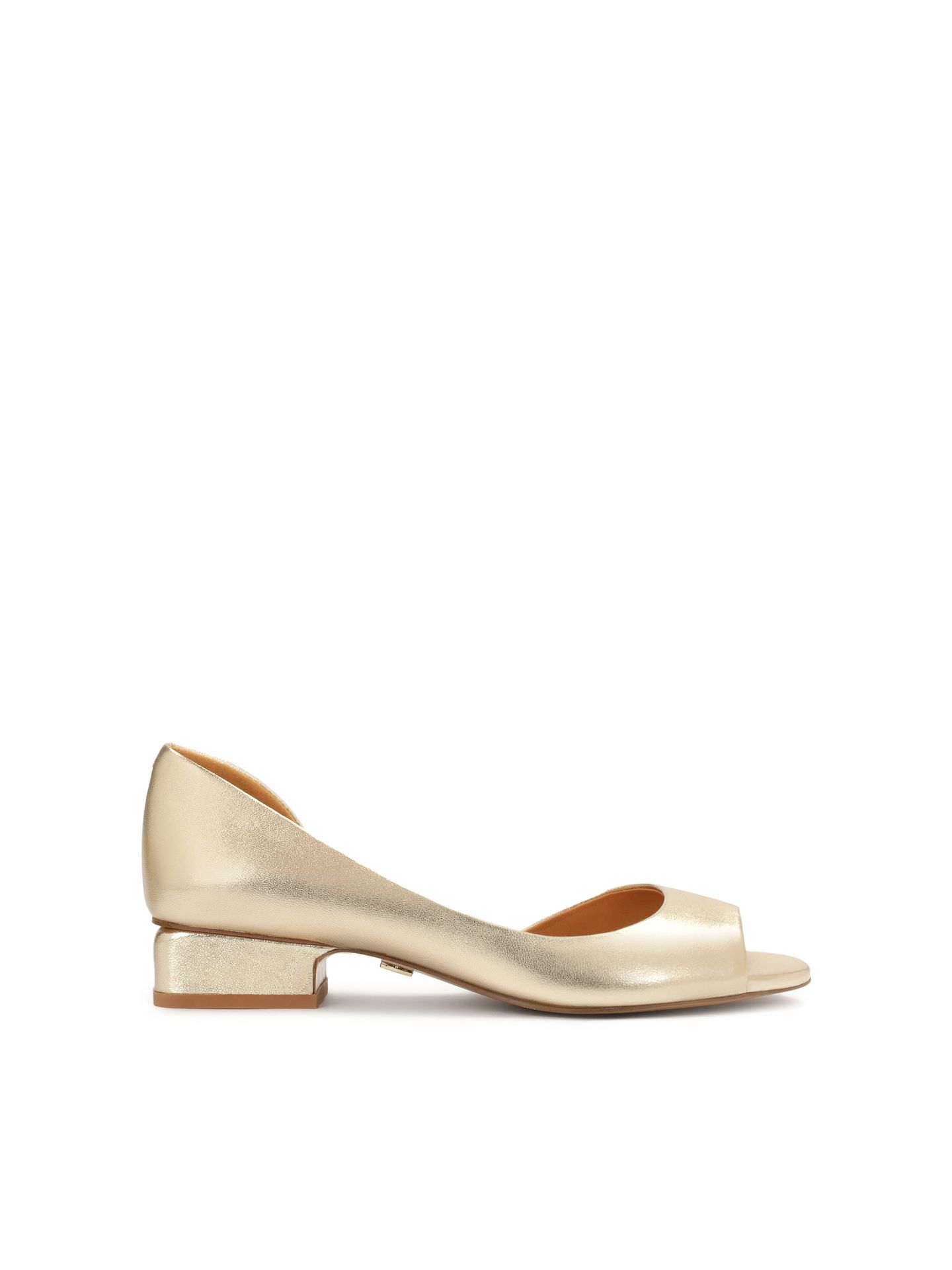 Złote czółenka peep toe na niskim obcasie