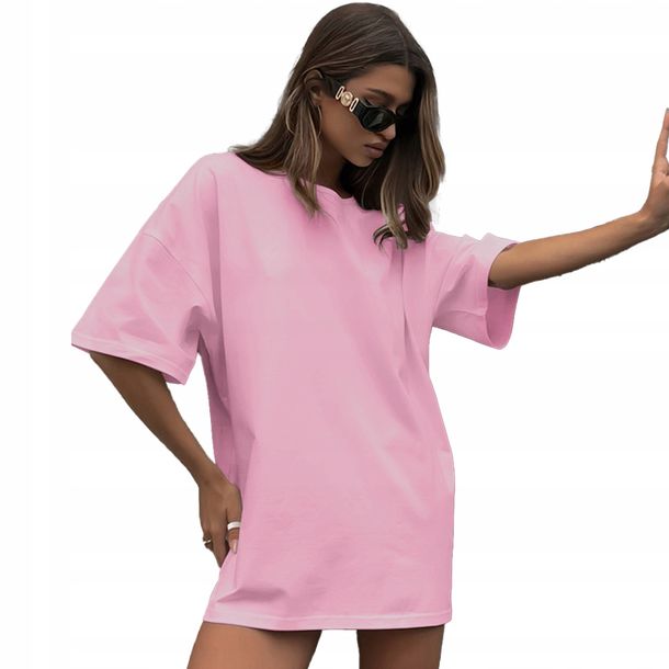 Koszulka Damska Oversize Długa T-shirt Różowa Tunika Mini Sukienka M
