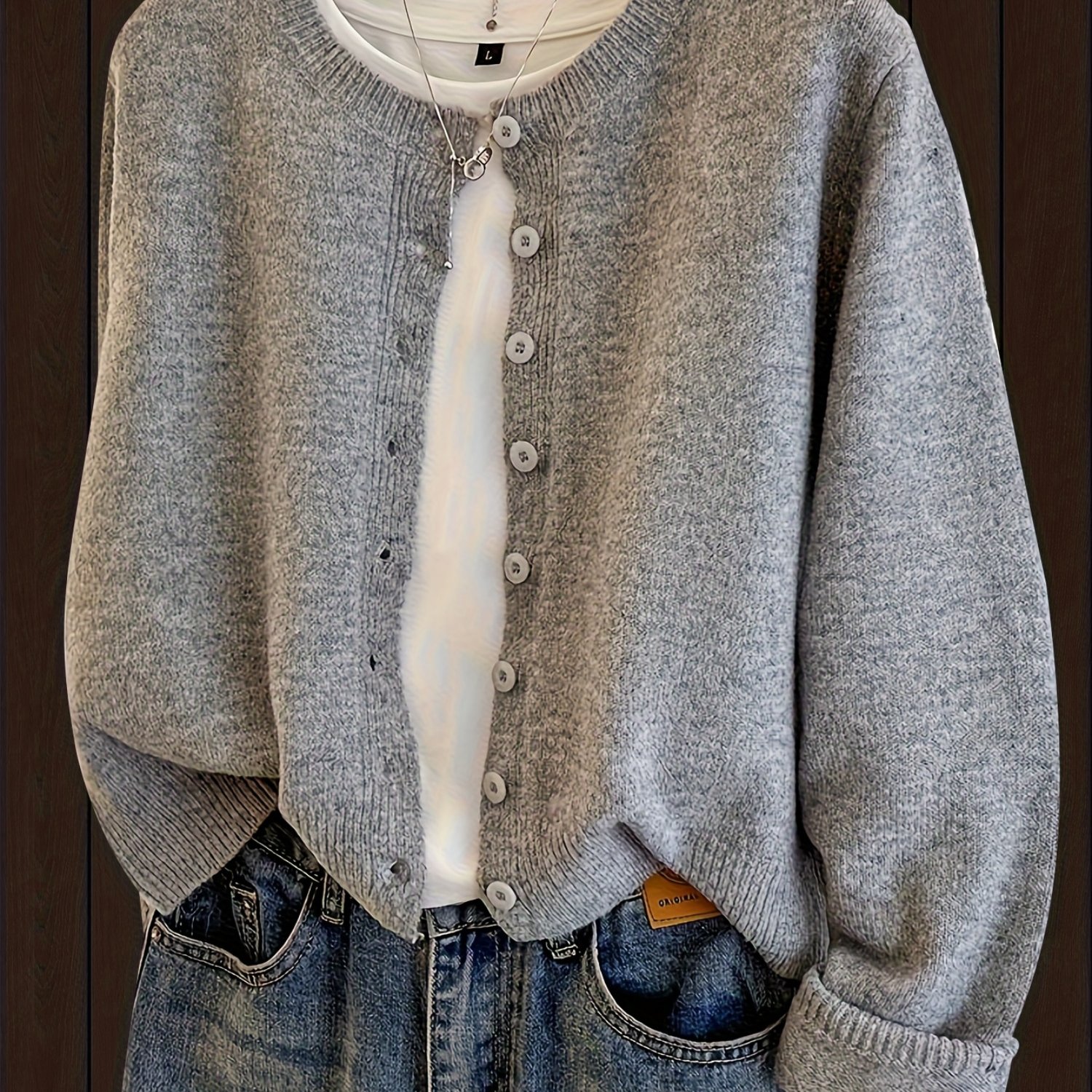 TEMU Kardigan Damski w Kolorze Jasnozielonym z Guzikami - Miękka Sweterka z Otwartym Przodem i Detalami na Guziki, Okrągły Dekolt, Casualowy Element