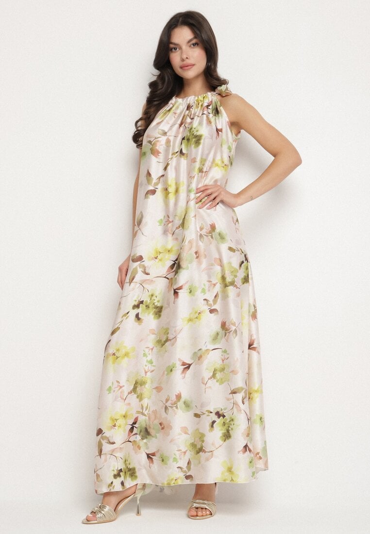 Zielona Satynowa Sukienka w Kwiaty Fenaresia