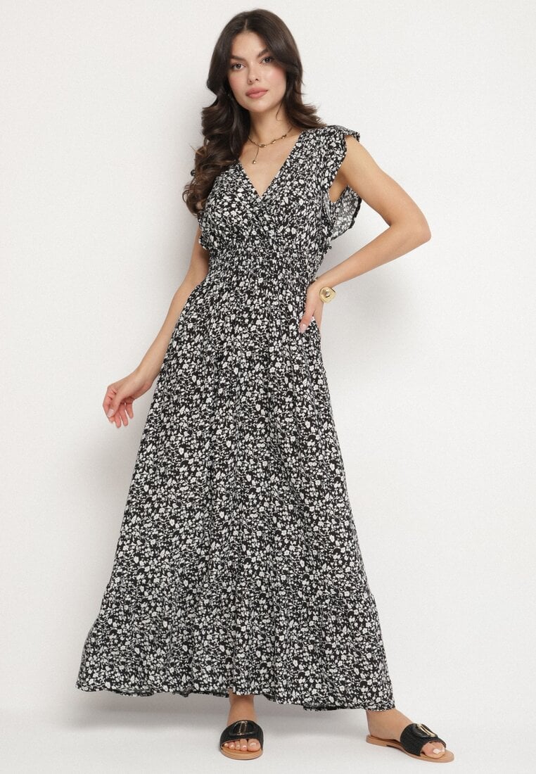 Czarna Sukienka o Rozkloszowanym Kroju z Falbankami w Kwiatowy Wzór Aravisse