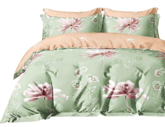 Pościel Różowe kwiaty/seledyn/beż - 200x220 + Prześcieradło