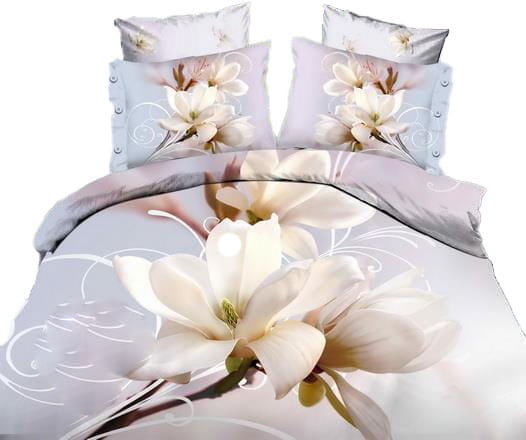 Pościel 3D - Kwiaty Magnolie krem/szara - 160x200 - 3 części