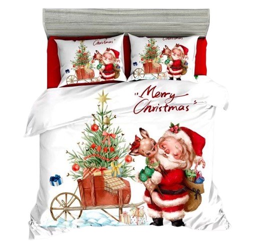 Pościel świąteczna Mikołaj, renifer i choinka/biała - 160x200 cm - 3 części