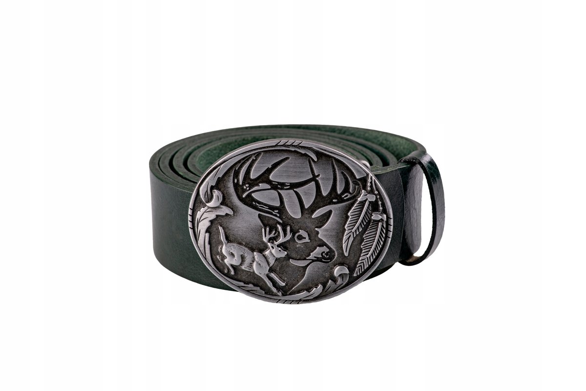 Pasek skórzany BÓR HUNTER FOREST - Running Deer Silver-95