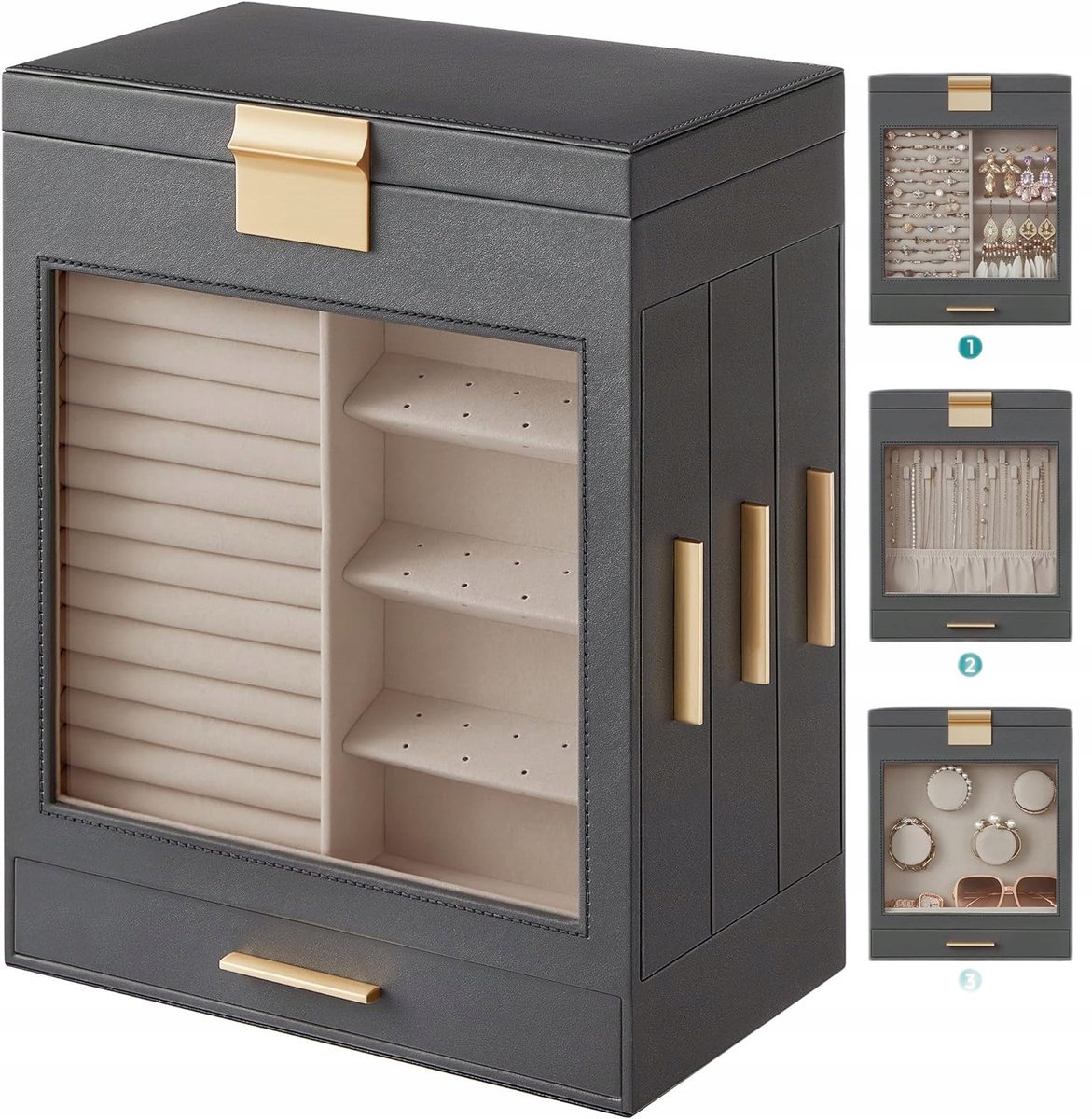 Szkatułka Na Biżuterię 5-Poziomowa Lusterko Szuflady Organizer Biżuterii