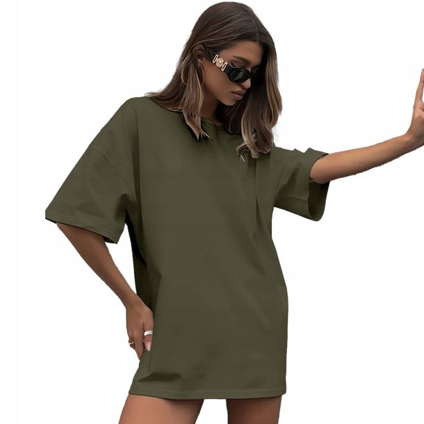 Koszulka Damska Oversize Długa T-shirt Khaki Tunika Mini Sukienka M
