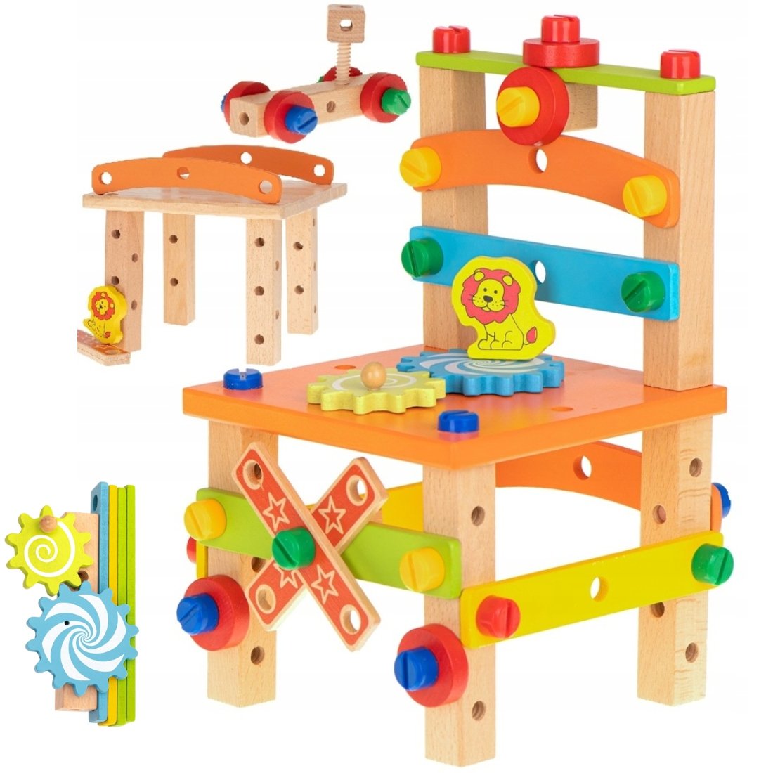 DREWNIANE KRZESŁO EDUKACYJNE WARSZTAT MONTAŻOWE MONTESSORI KLOCKI NARZĘDZIA