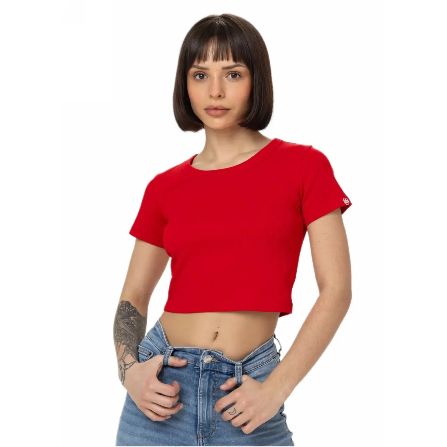 PITBULL KOSZULKA damska Heavy Weight 300 Rib Cropped T-Shirt '25 - Czerwona  (40)