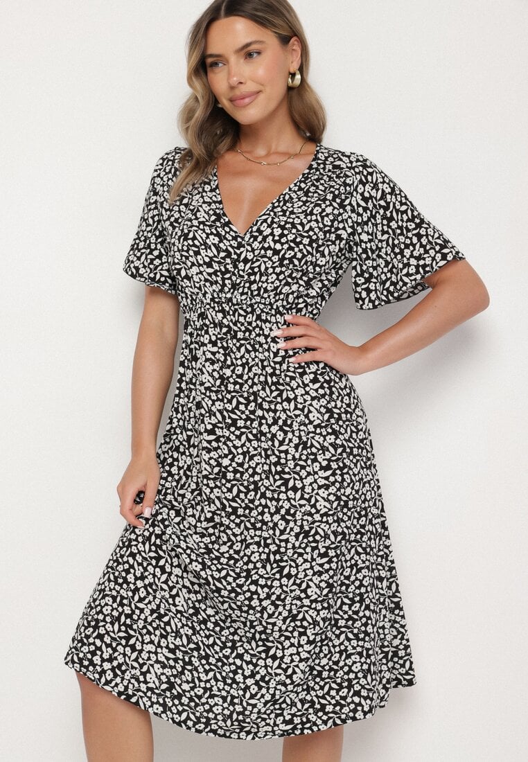 Czarna Bawełniana Sukienka o Rozkloszowanym Kroju w Kwiatowy Wzór Aramine