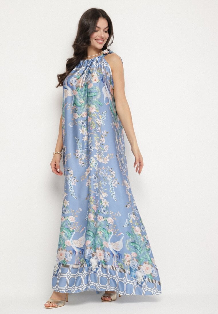 Granatowa Satynowa Sukienka w Kwiaty z Ozdobnym Wiązaniem Fenasella