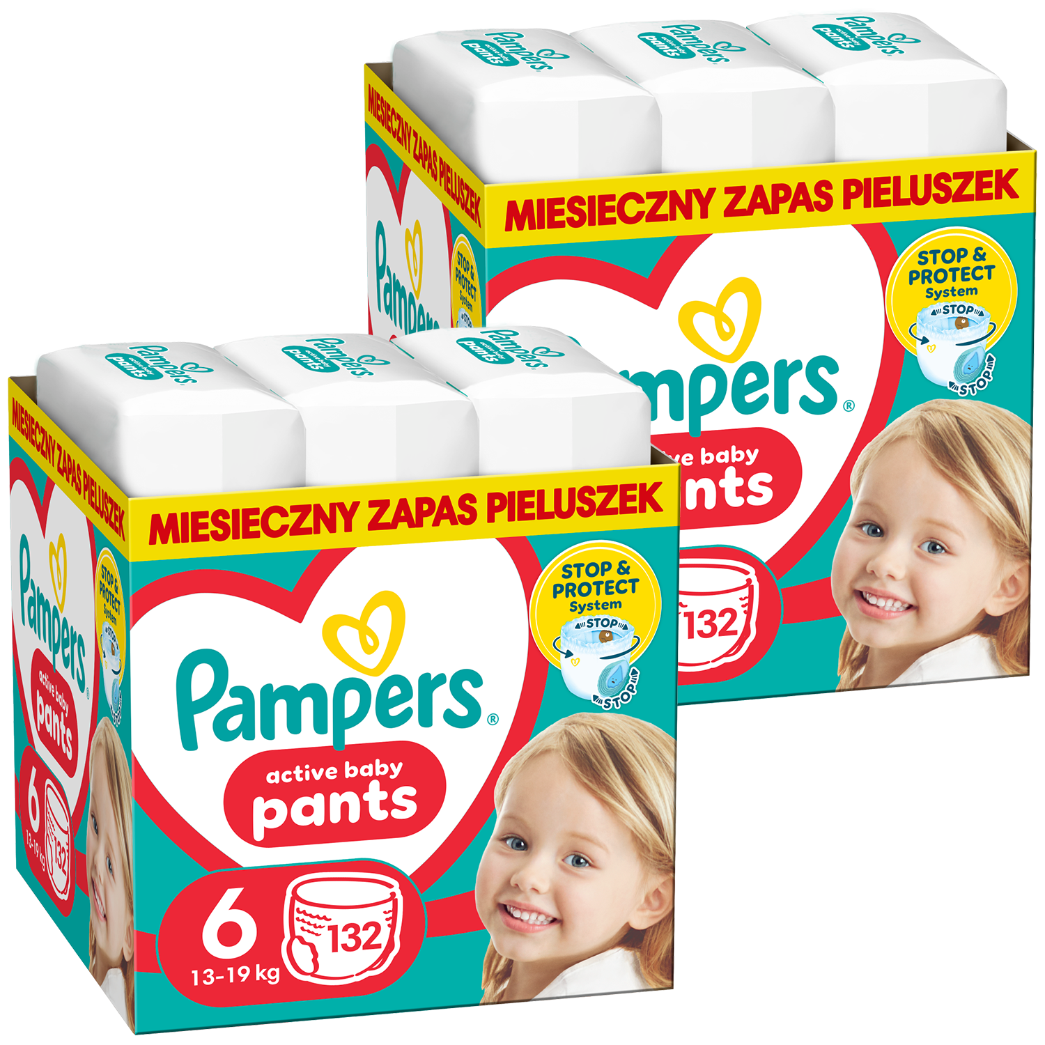 Zestaw Pampers Pants, pieluchomajtki, Extra Large, rozmiar 6, 14-19 kg, 2 x 132 sztuki