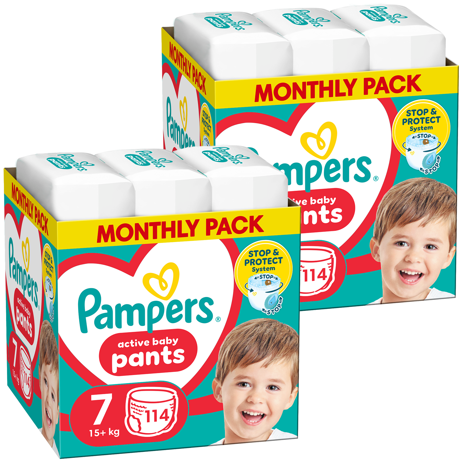 Zestaw Pampers Pants, pieluchomajtki, rozmiar 7, 17 kg+, 2 x 114 sztuk