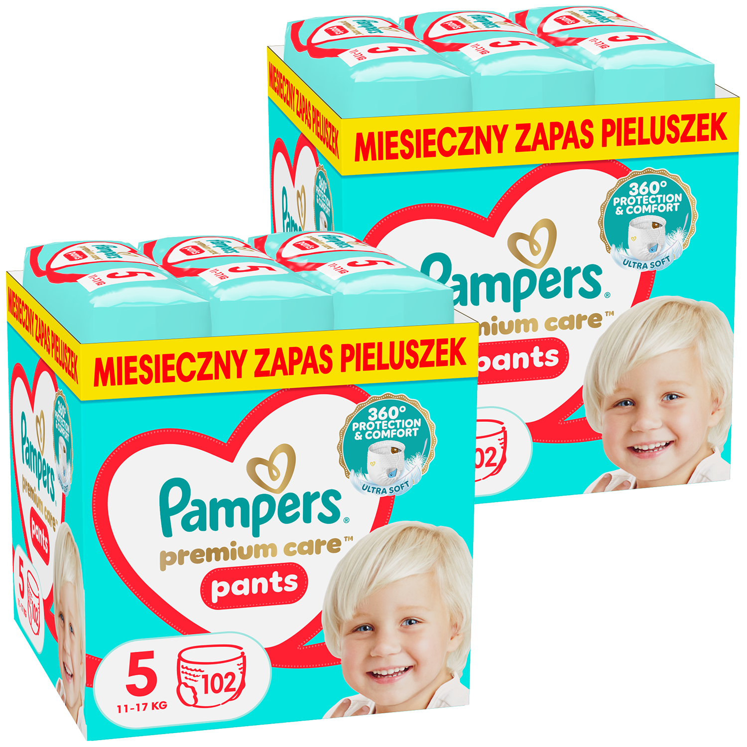 Zestaw Pampers Premium Care Pants, pieluchomajtki, rozmiar 5, 12-17 kg, 2 x 102 sztuki