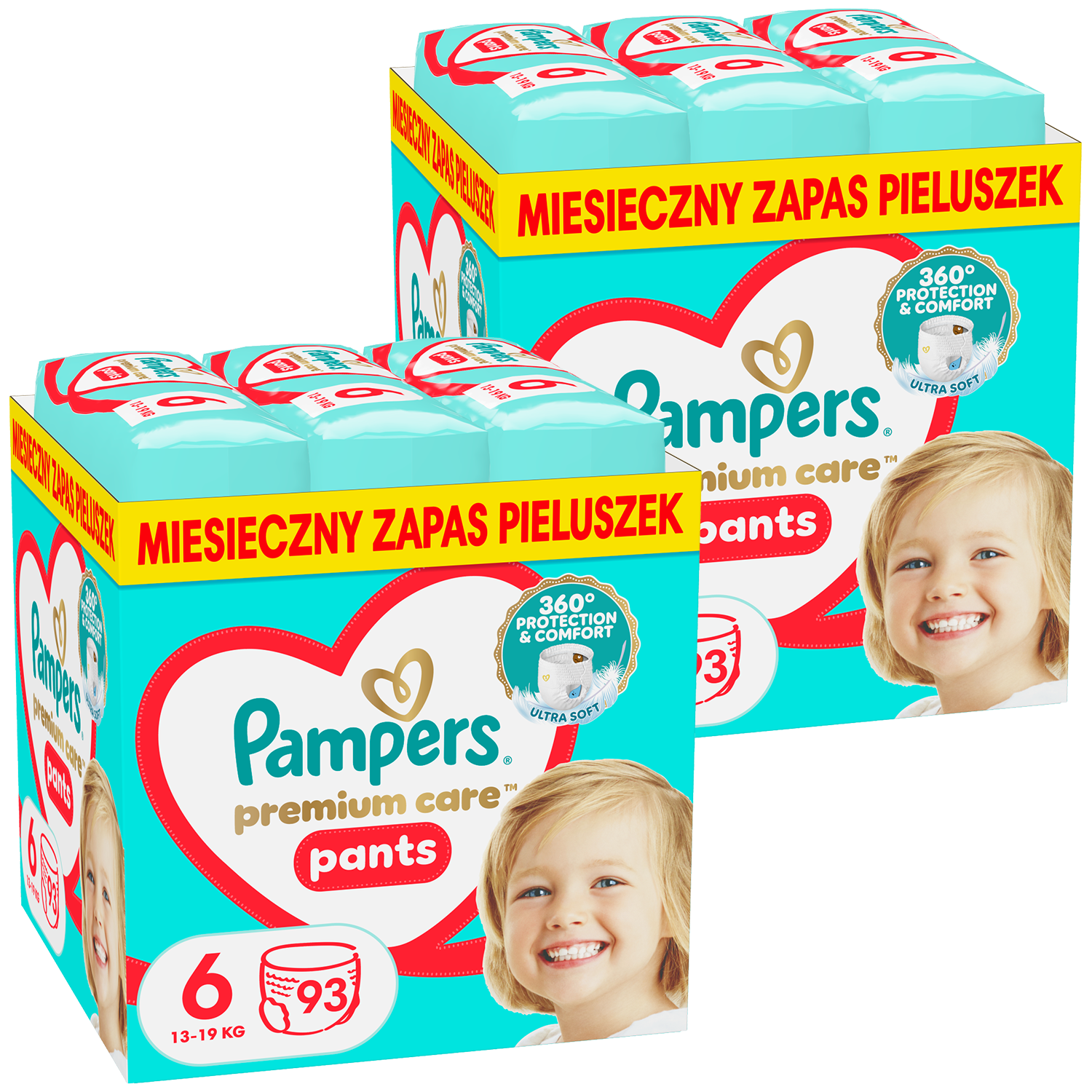 Zestaw Pampers Premium Care Pants, pieluchomajtki, rozmiar 6, 13-19 kg, 2 x 93 sztuki