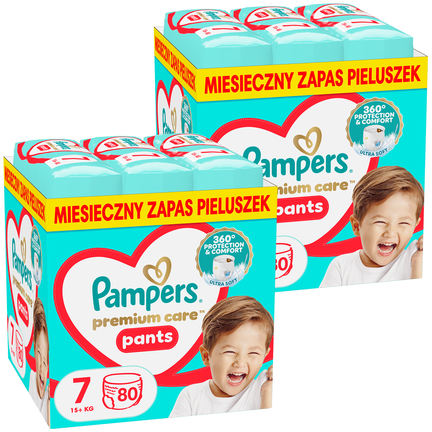Zestaw Pampers Premium Care Pants, pieluchomajtki rozmiar 7, 15+ kg, 2 x 80 sztuk