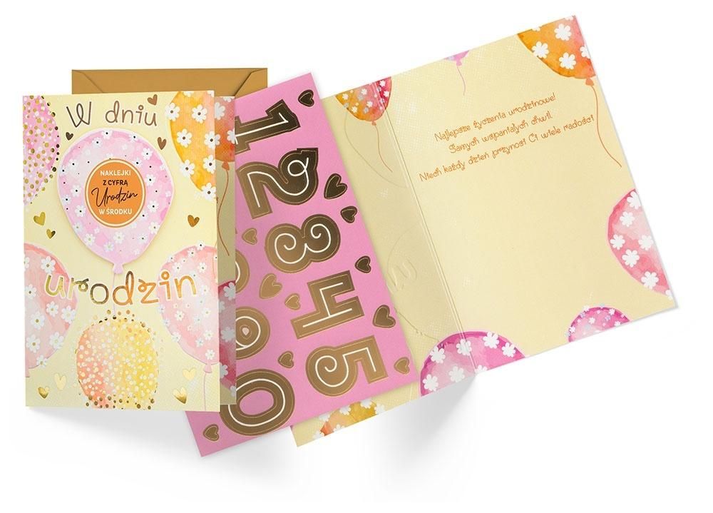 Kukartka Karnet DK-1307 Urodziny wymienne cyfry, balony, damskie - artykuł papierniczy