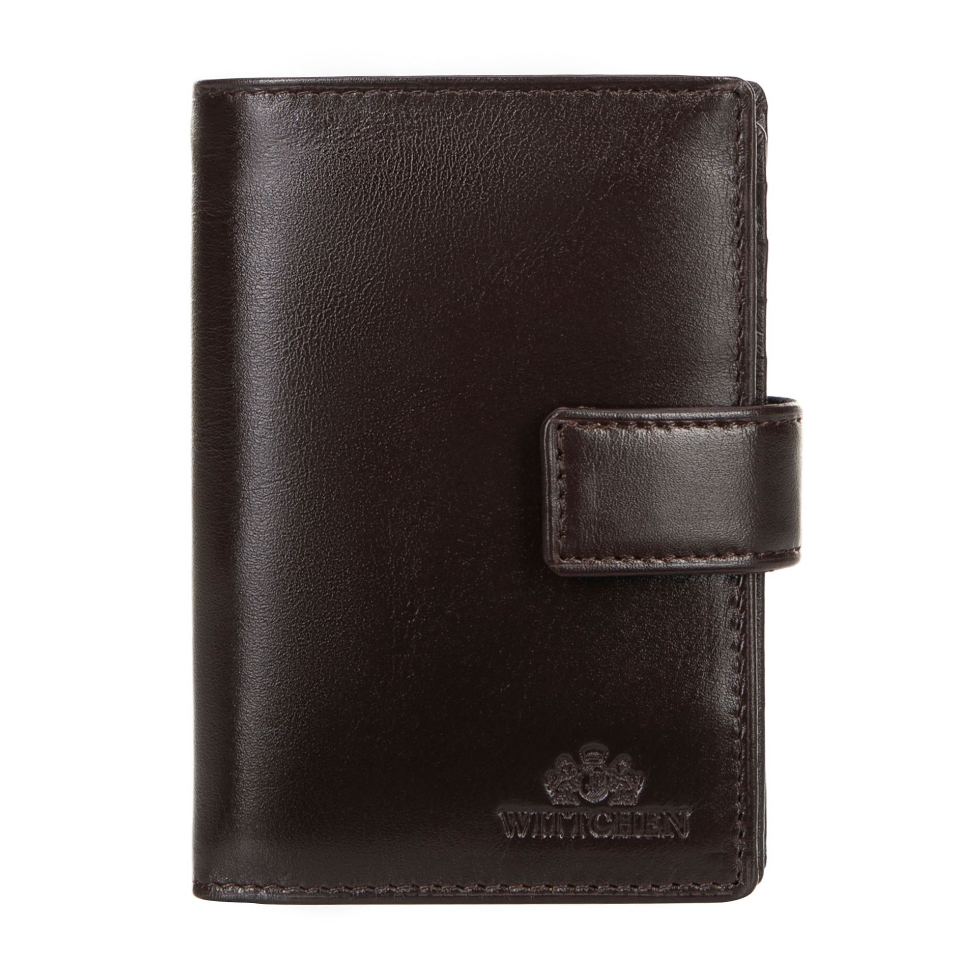 Męski portfel skórzany z zapięciem na napę średni brązowy