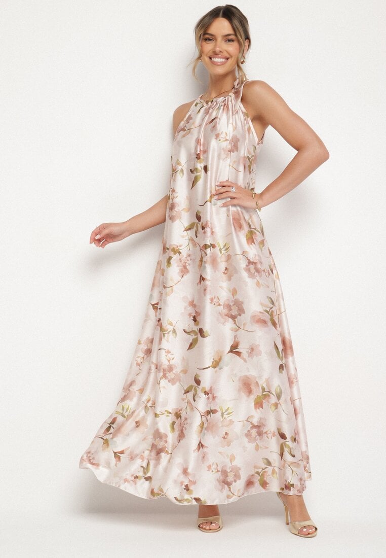 Beżowa Satynowa Sukienka w Kwiaty Fenaresia