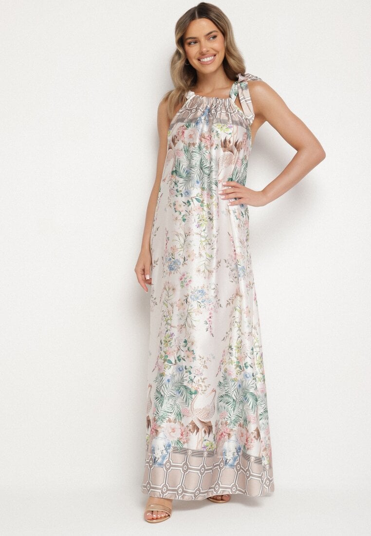 Biała Satynowa Sukienka w Kwiaty z Ozdobnym Wiązaniem Fenasella