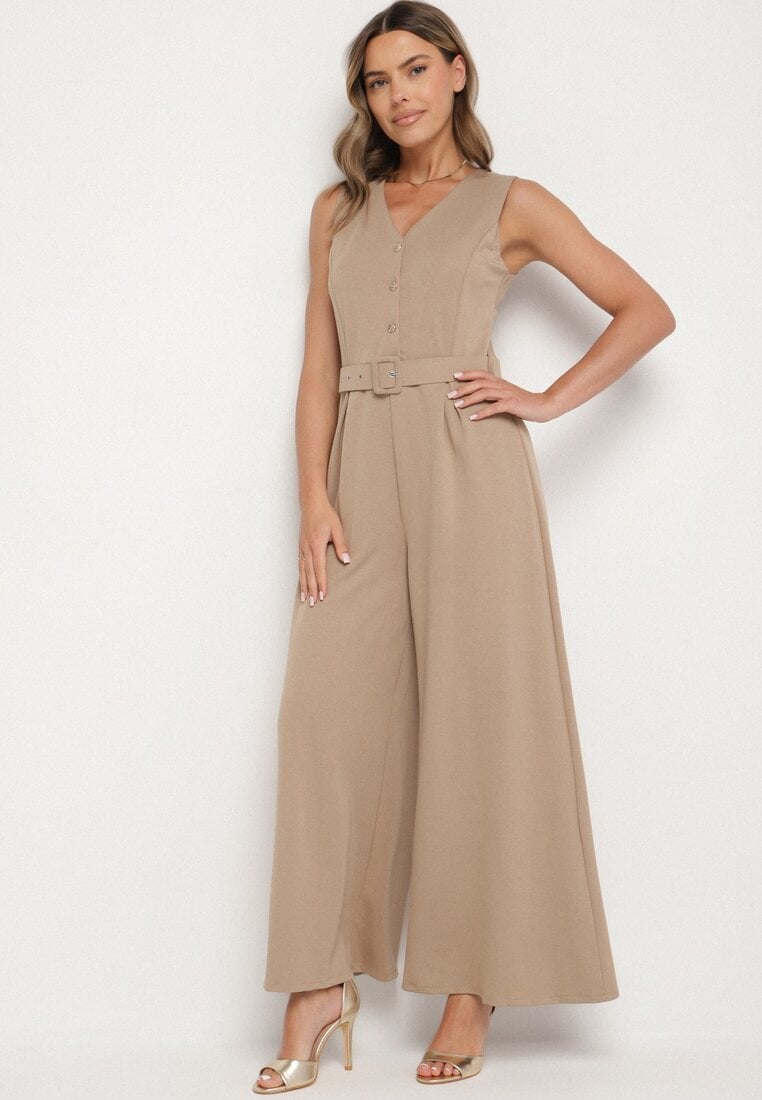 Ciemnobeżowy Taliowany Kombinezon z Wiskozą Ozdobiony Paskiem Ralinelle