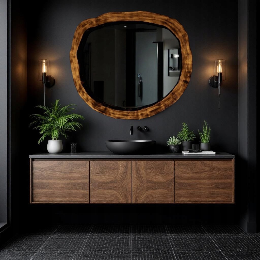 designerskie lustro z drewna naturalnego do łazienki asymetryczne