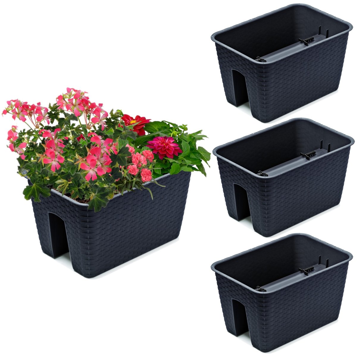 3x Skrzynka Doniczka 27,2 cm x 39,6 cm Rattan Antracyt 13 L poręcz balustrada