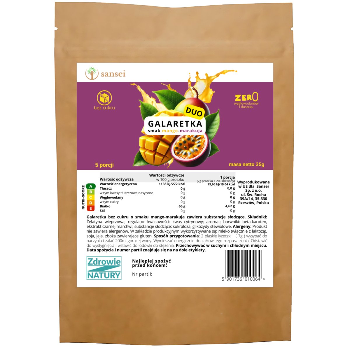 SANSEI DUO Galaretka Bez Cukru i Węglowodanów 35g 5 Porcji MANGO-MARAKUJA