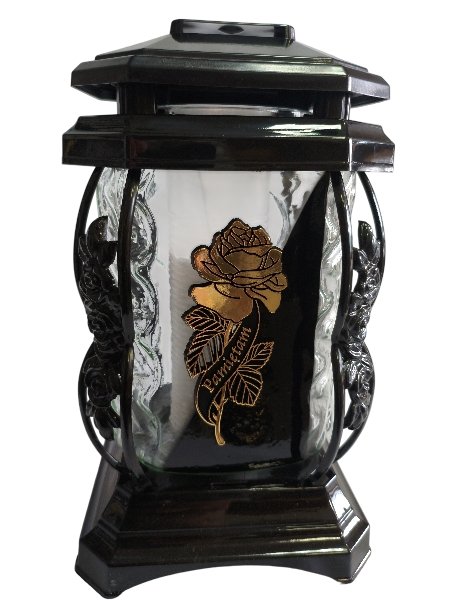 Znicz szklany duży kapliczka czarna z złotą różą i napisem 