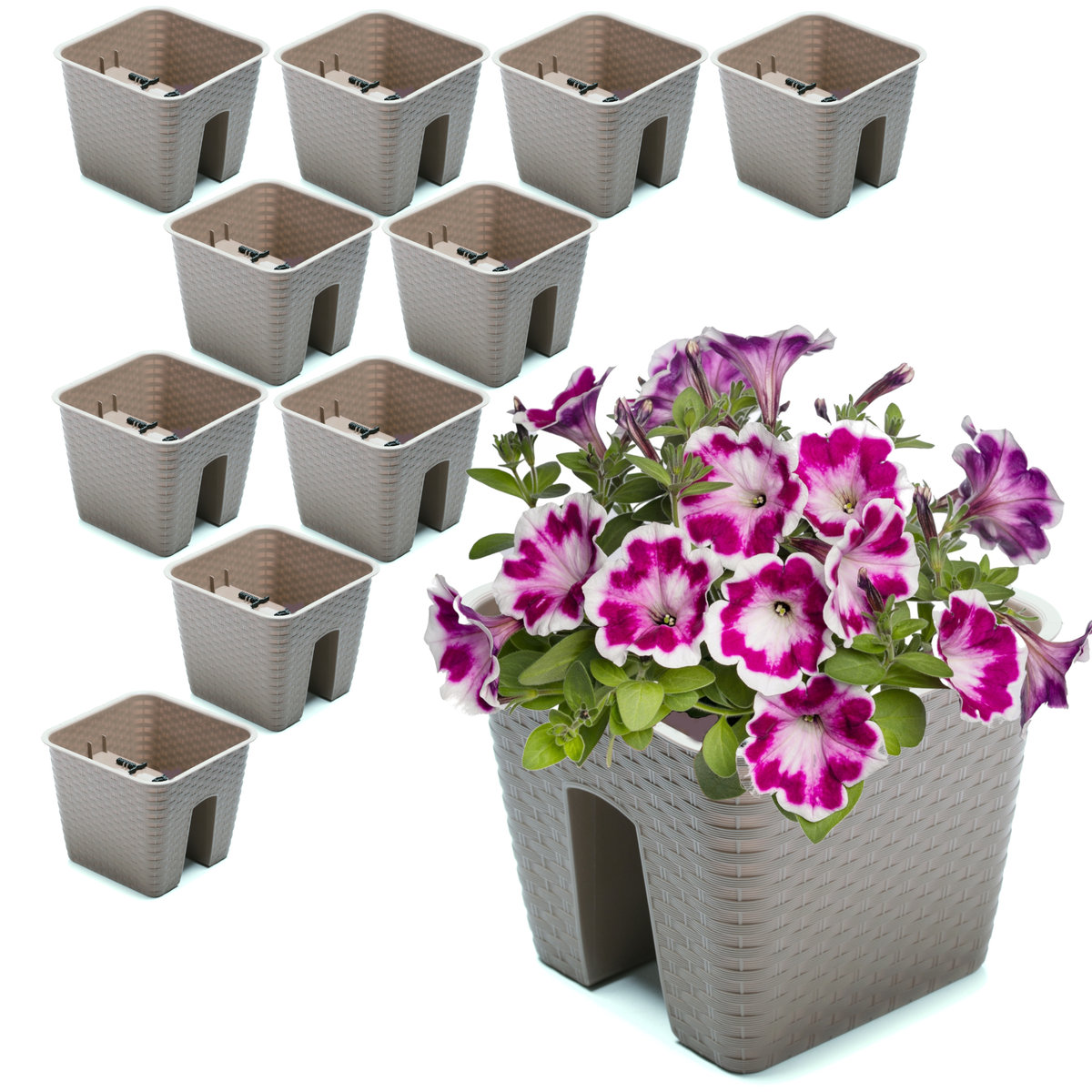 10x Skrzynka Doniczka 27,2 cm x 27,2 cm Rattan Mokka 8,5 L poręcz balustrada
