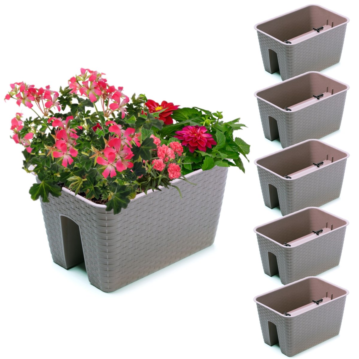 5x Skrzynka Doniczka 27,2 cm x 39,6 cm Rattan Mokka 13 L poręcz balustrada
