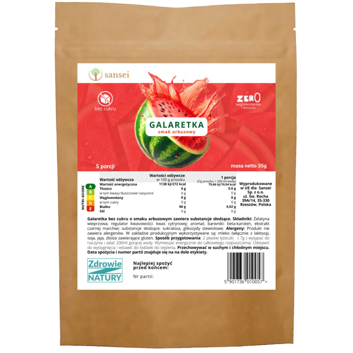 Sansei Galaretka Bez Cukru ARBUZ aż 5 porcji w 35g KETO