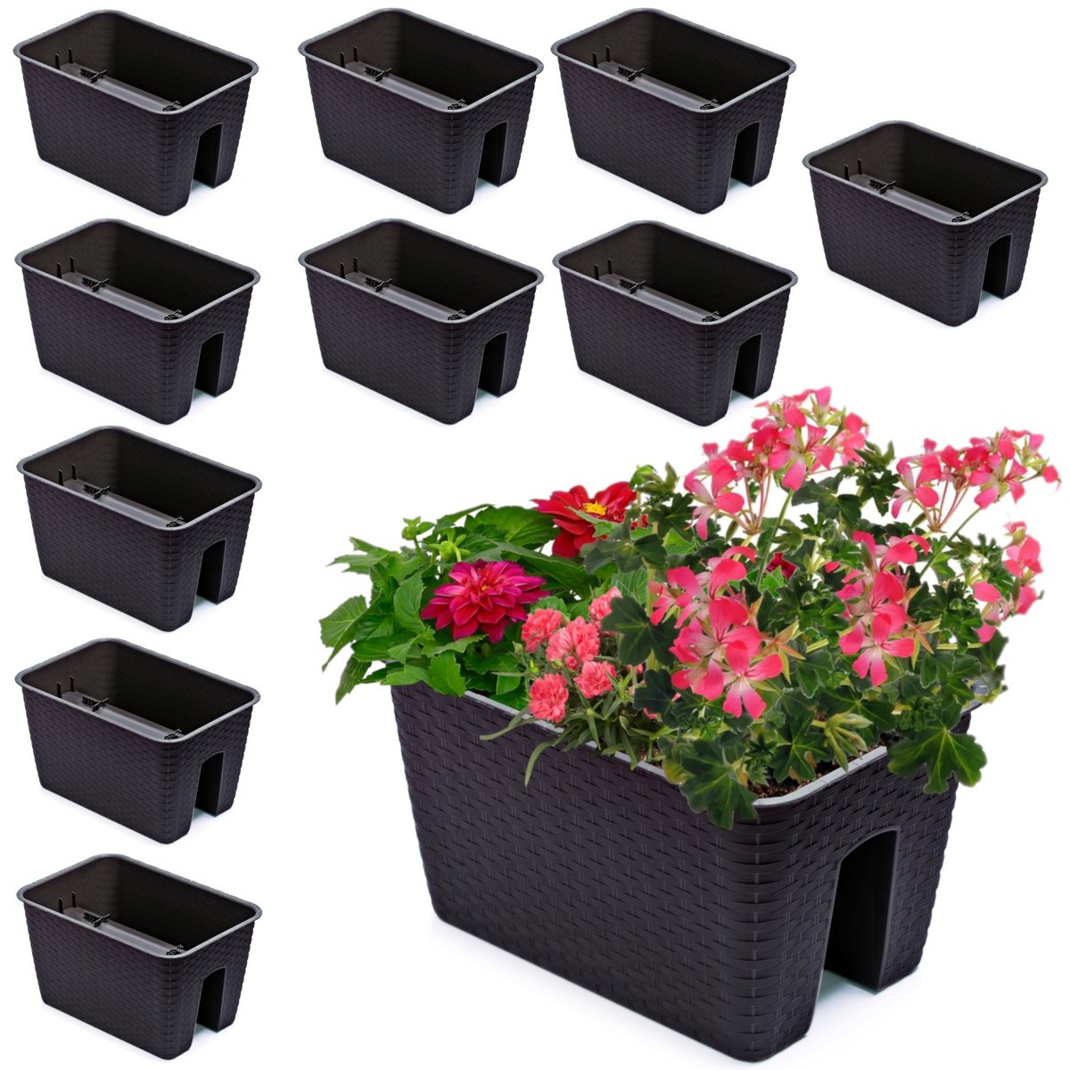 10x Skrzynka Doniczka 27,2 cm x 39,6 cm Rattan Umbra Brąz 13 L poręcz balustrada