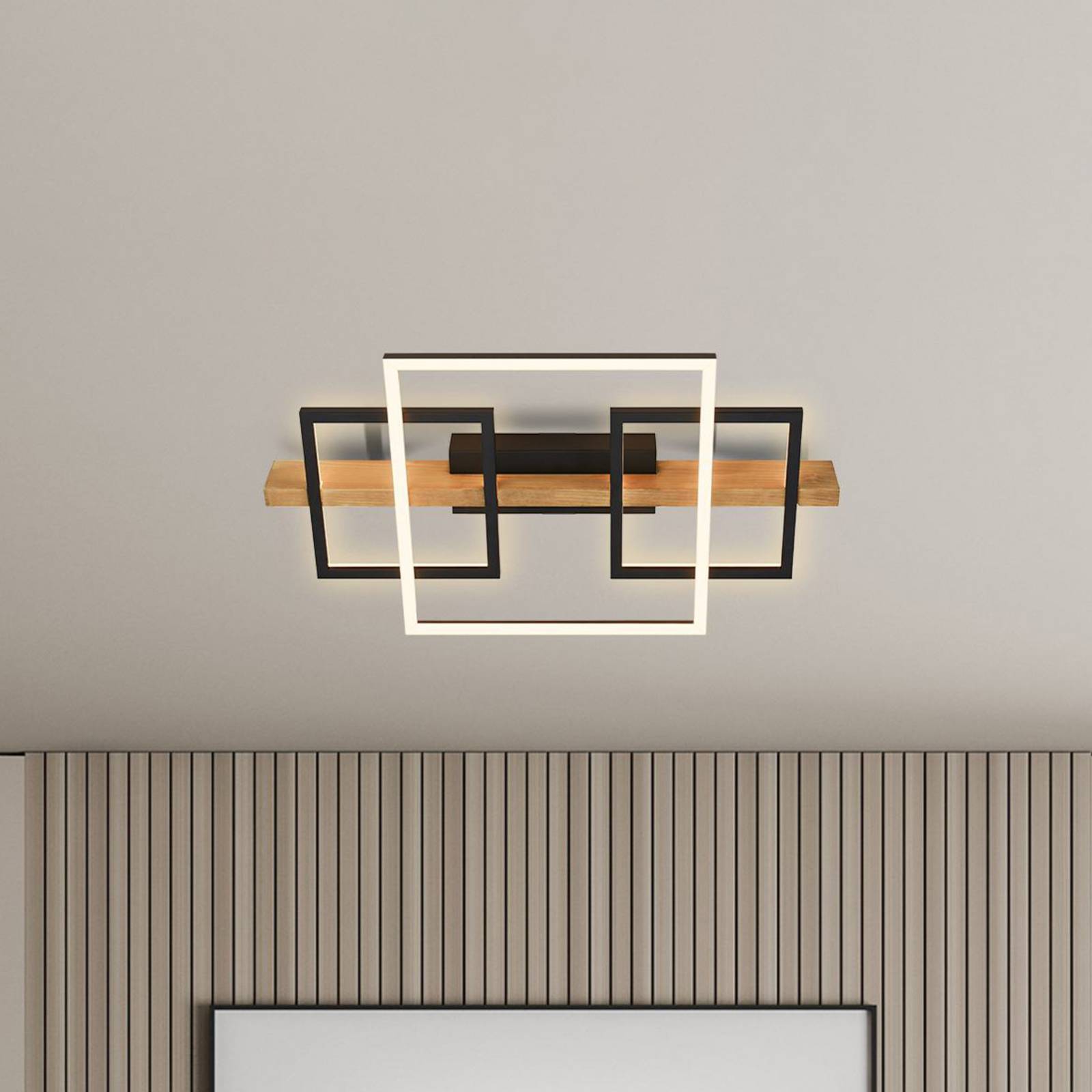 Briloner Lampa sufitowa LED Cadre, możliwość ściemniania, jasne drewno, salon / jadalnia, drewno, nowoczesny
