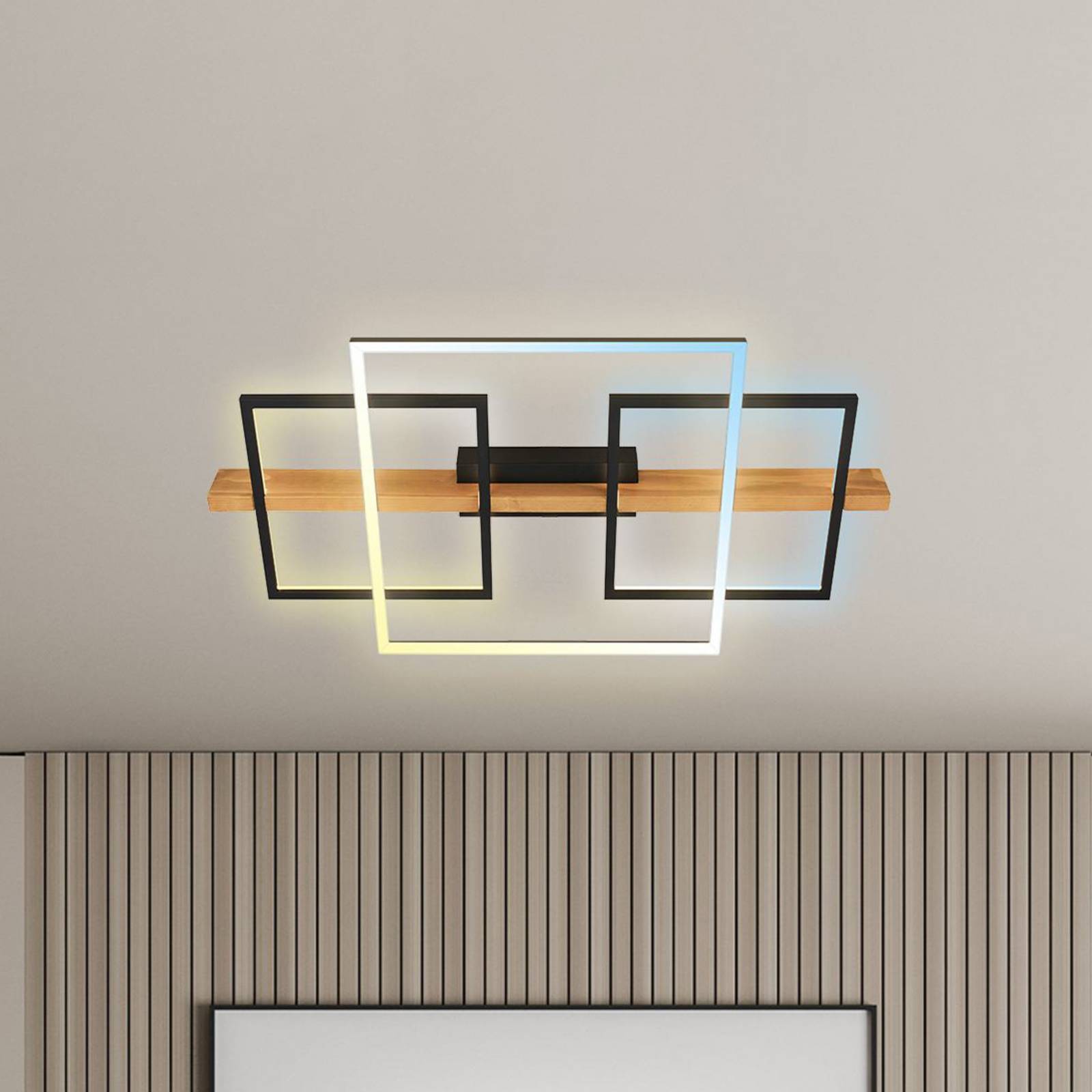 Briloner Lampa sufitowa LED Cadre, możliwość ściemniania, jasne drewno, salon / jadalnia, drewno, nowoczesny