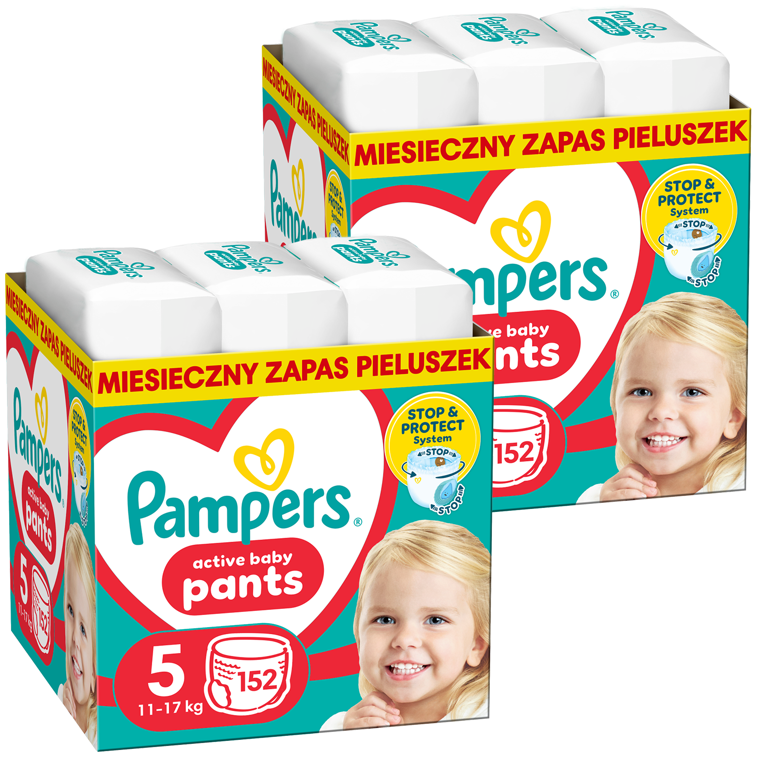 Zestaw Pampers Pants, pieluchomajtki, Junior, rozmiar 5, 12-17 kg, 2 x 152 sztuki